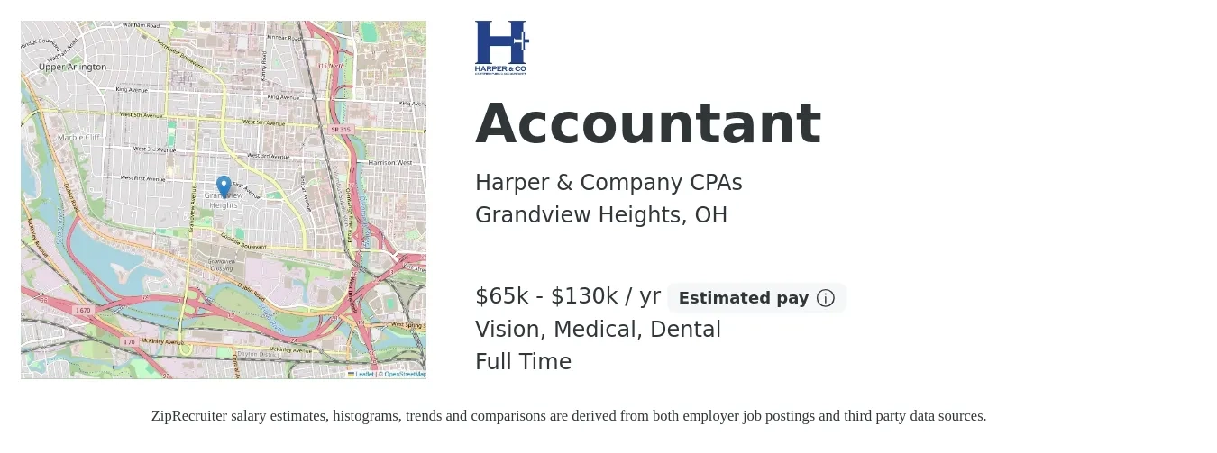 Harper & Company CPAs job posting for a Accountant in Grandview Heights, OH with a salary of $65,000 to $130,000 Yearly and benefits including vision, dental, life_insurance, medical, pto, and retirement with a map of Grandview Heights location.