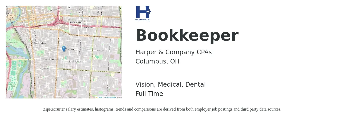 Harper & Company CPAs job posting for a Bookkeeper in Columbus, OH with a salary of $20 to $28 Hourly and benefits including dental, life_insurance, medical, pto, retirement, and vision with a map of Columbus location.