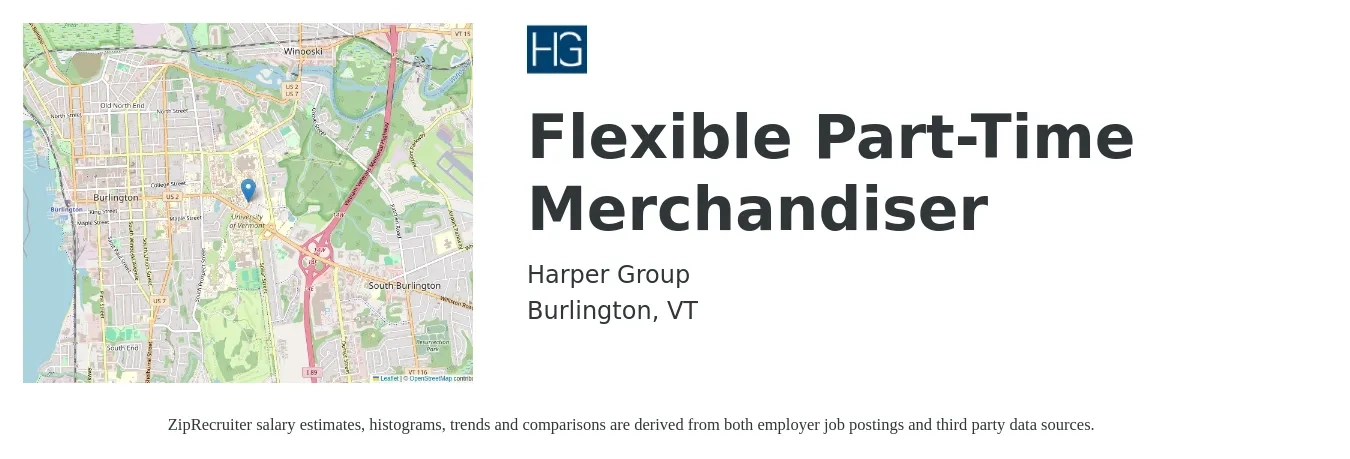 Harper Group job posting for a Flexible Part-Time Merchandiser in Burlington, VT with a salary of $17 to $20 Hourly with a map of Burlington location.