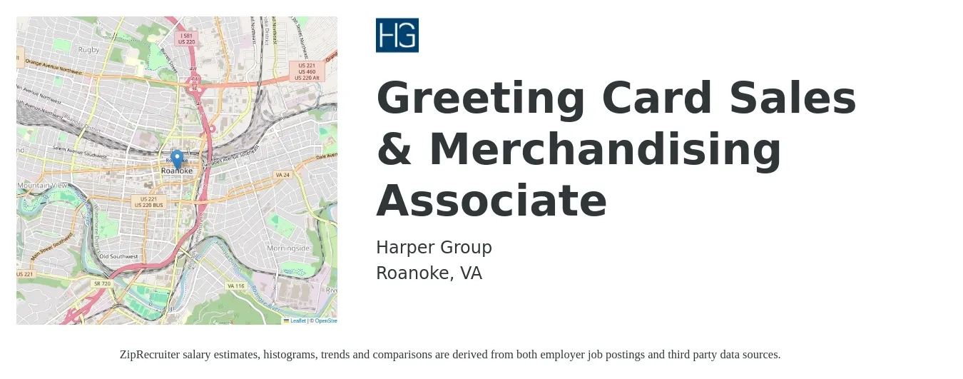 Harper Group job posting for a Greeting Card Sales & Merchandising Associate in Roanoke, VA with a salary of $15 to $17 Hourly with a map of Roanoke location.