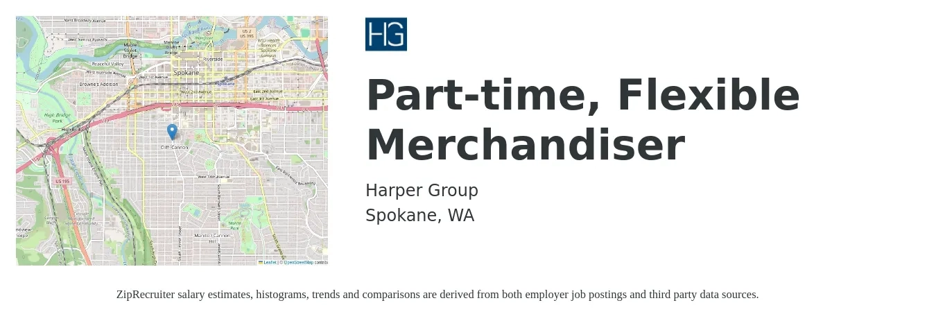 Harper Group job posting for a Part-time, Flexible Merchandiser in Spokane, WA with a salary of $16 to $17 Hourly with a map of Spokane location.