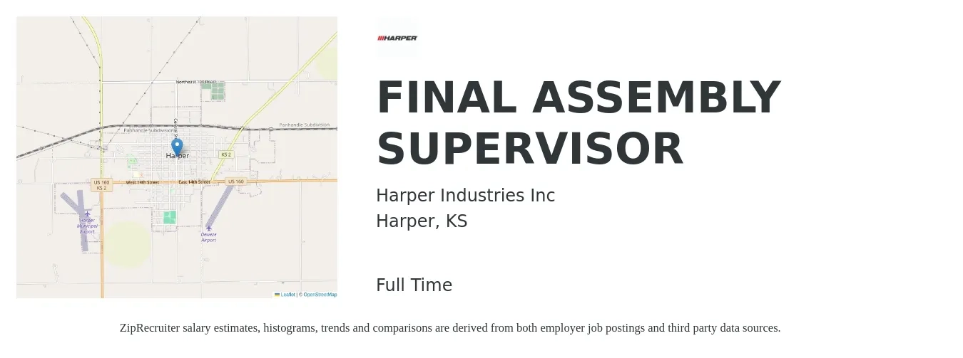 Harper Industries Inc job posting for a FINAL ASSEMBLY SUPERVISOR in Harper, KS with a salary of $25 to $36 Hourly with a map of Harper location.