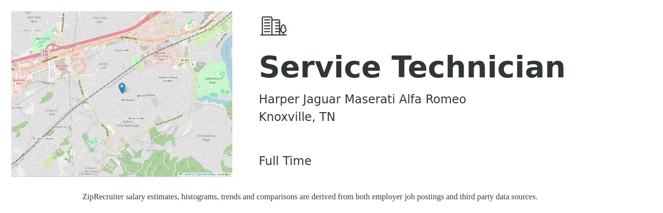 Harper Jaguar Maserati Alfa Romeo job posting for a Service Technician in Knoxville, TN with a salary of $19 to $26 Hourly with a map of Knoxville location.