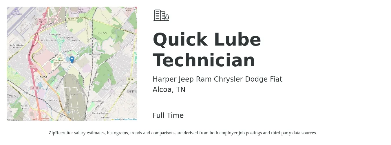 Harper Jeep Ram Chrysler Dodge Fiat job posting for a Quick Lube Technician in Alcoa, TN with a salary of $12 to $17 Hourly with a map of Alcoa location.