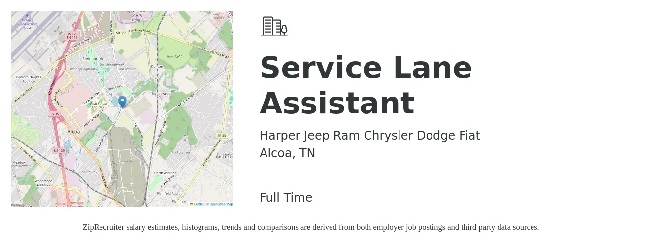 Harper Jeep Ram Chrysler Dodge Fiat job posting for a Service Lane Assistant in Alcoa, TN with a salary of $13 to $18 Hourly with a map of Alcoa location.