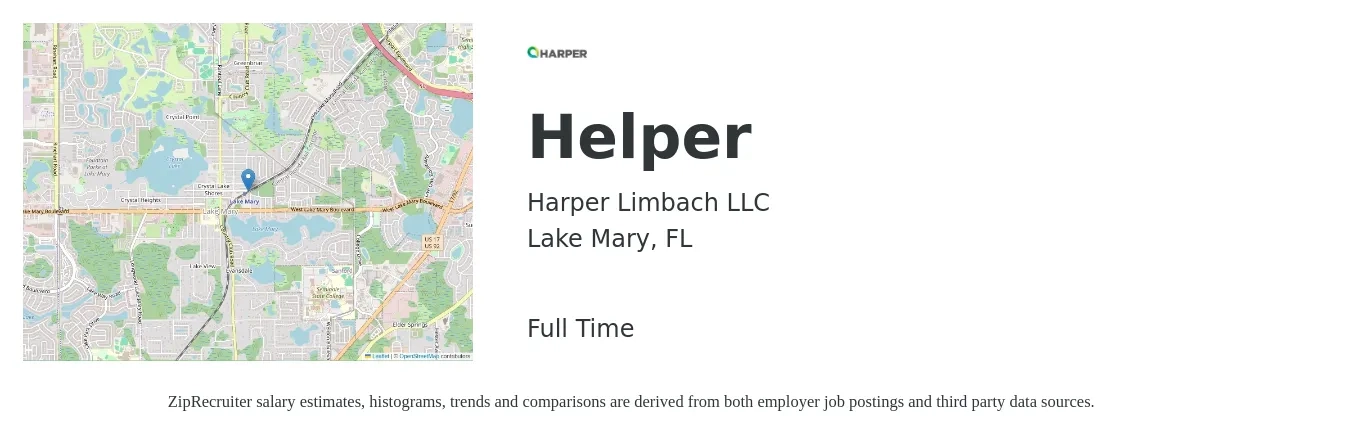 Harper Limbach LLC job posting for a Helper in Lake Mary, FL with a salary of $13 to $16 Hourly with a map of Lake Mary location.