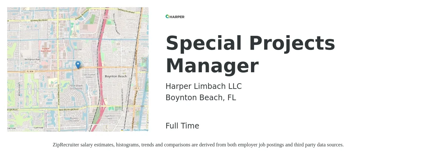 Harper Limbach LLC job posting for a Special Projects Manager in Boynton Beach, FL with a salary of $60,400 to $97,000 Yearly with a map of Boynton Beach location.