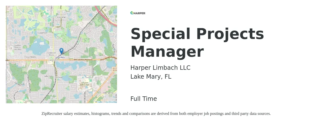 Harper Limbach LLC job posting for a Special Projects Manager in Lake Mary, FL with a salary of $56,400 to $90,500 Yearly with a map of Lake Mary location.