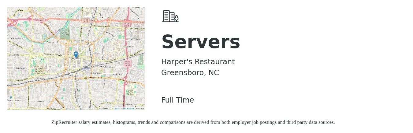 Harper's Restaurant job posting for a Servers in Greensboro, NC with a salary of $150 to $250 Daily with a map of Greensboro location.