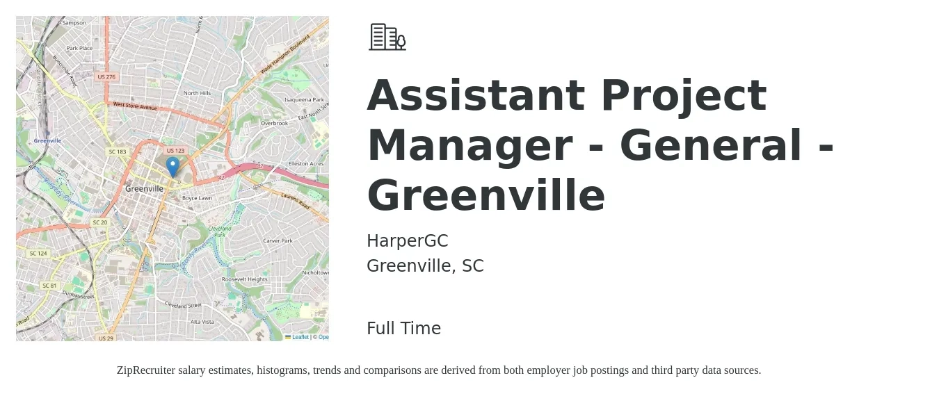 HarperGC job posting for a Assistant Project Manager - General - Greenville in Greenville, SC with a salary of $50,300 to $82,700 Yearly with a map of Greenville location.
