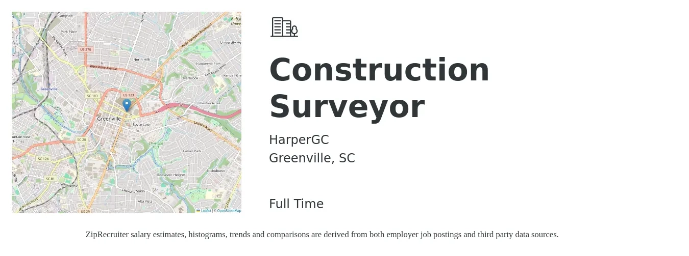 HarperGC job posting for a Construction Surveyor in Greenville, SC with a salary of $49,400 to $86,000 Yearly with a map of Greenville location.