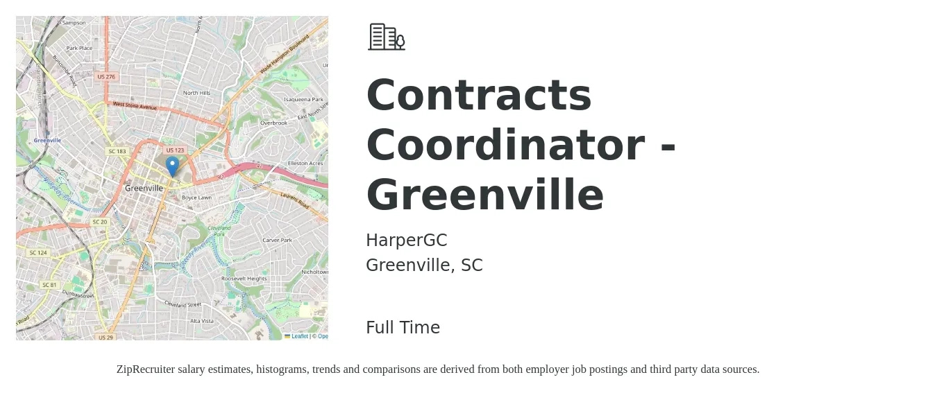 HarperGC job posting for a Contracts Coordinator - Greenville in Greenville, SC with a salary of $22 to $32 Hourly with a map of Greenville location.