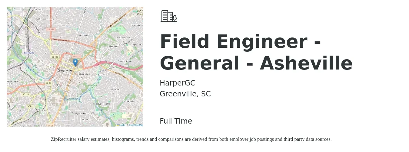 HarperGC job posting for a Field Engineer - General - Asheville in Greenville, SC with a salary of $69,600 to $108,600 Yearly with a map of Greenville location.