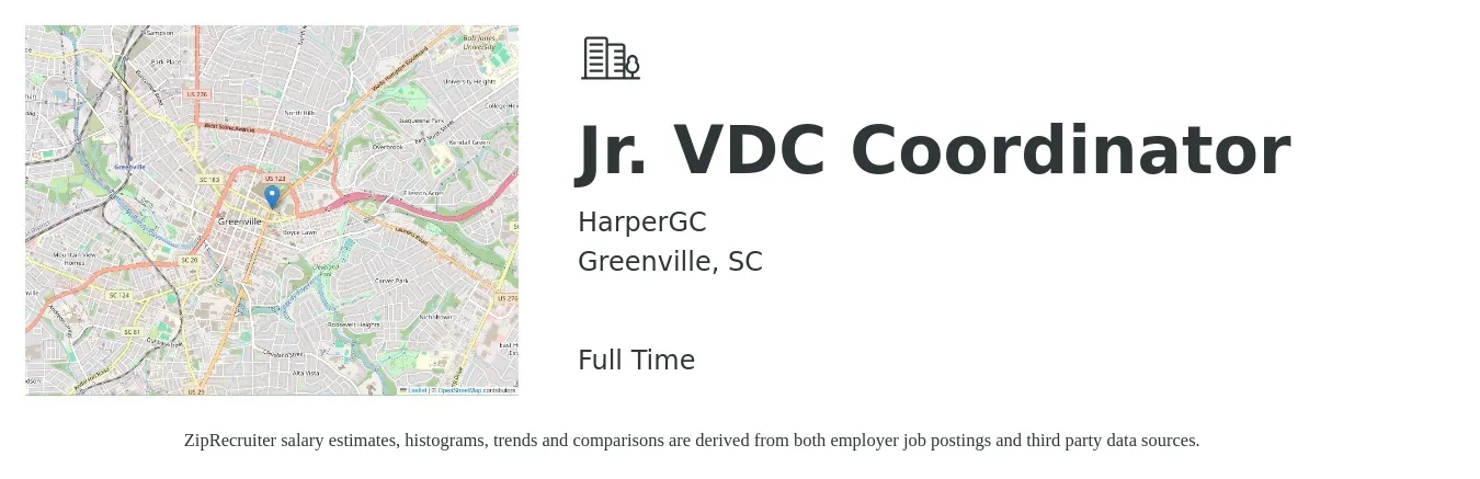 HarperGC job posting for a Jr. VDC Coordinator in Greenville, SC with a salary of $19 to $26 Hourly with a map of Greenville location.