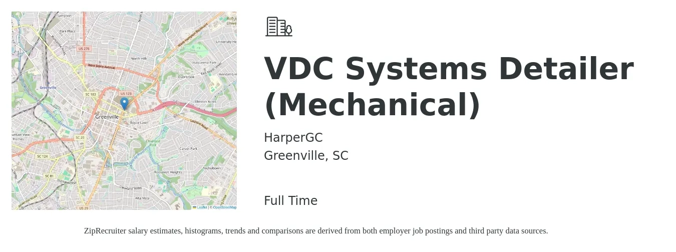 HarperGC job posting for a VDC Systems Detailer (Mechanical) in Greenville, SC with a salary of $22 to $30 Hourly with a map of Greenville location.