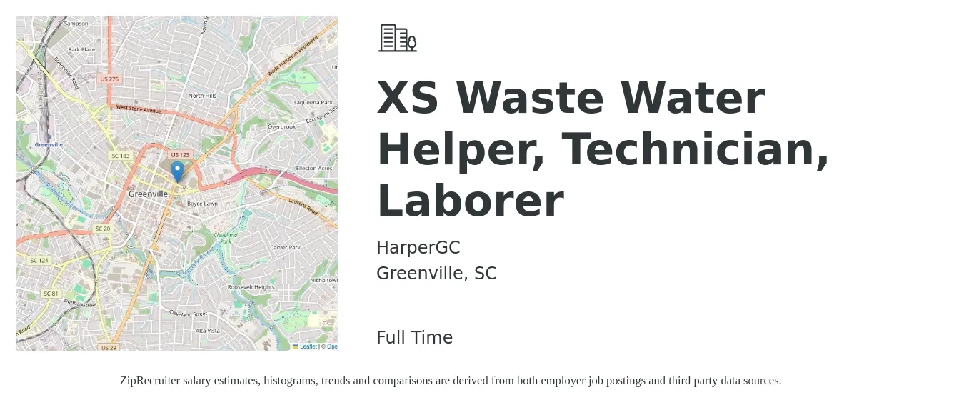 HarperGC job posting for a XS Waste Water Helper, Technician, Laborer in Greenville, SC with a salary of $16 to $20 Hourly with a map of Greenville location.