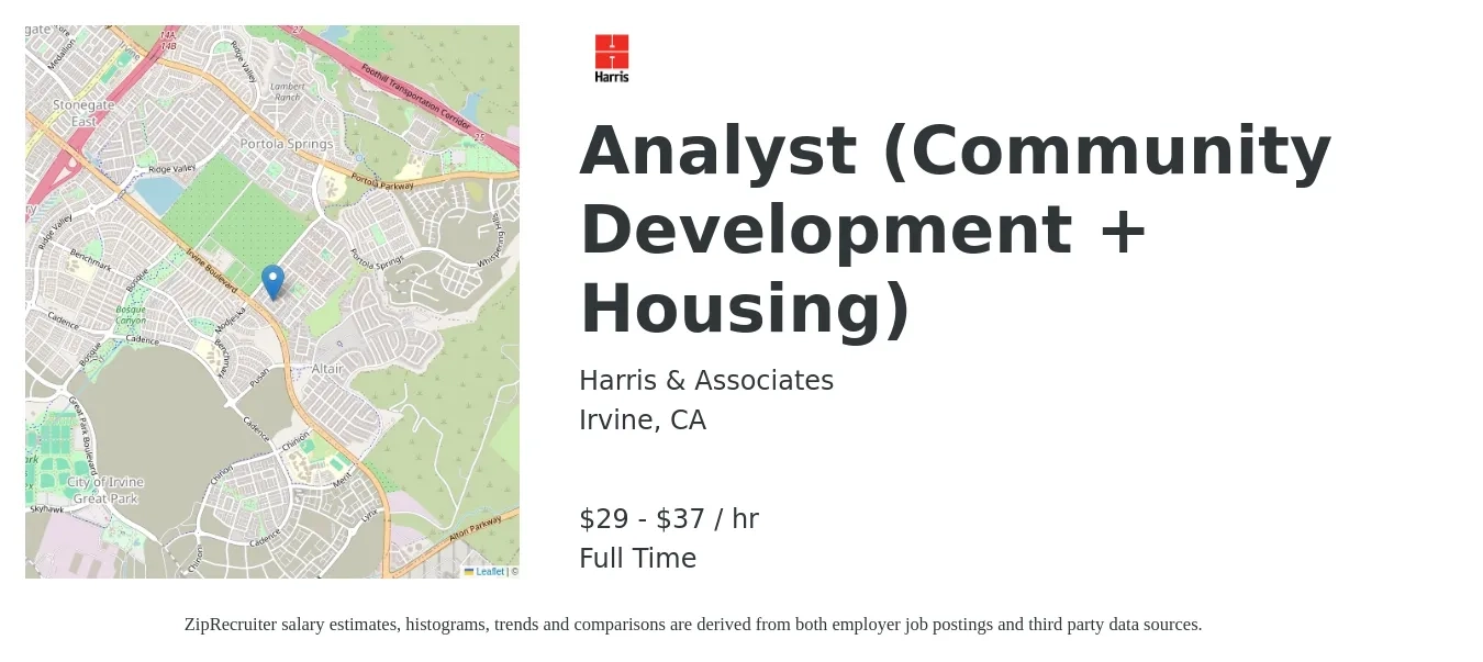 Harris & Associates job posting for a Analyst (Community Development + Housing) in Irvine, CA with a salary of $31 to $38 Hourly with a map of Irvine location.