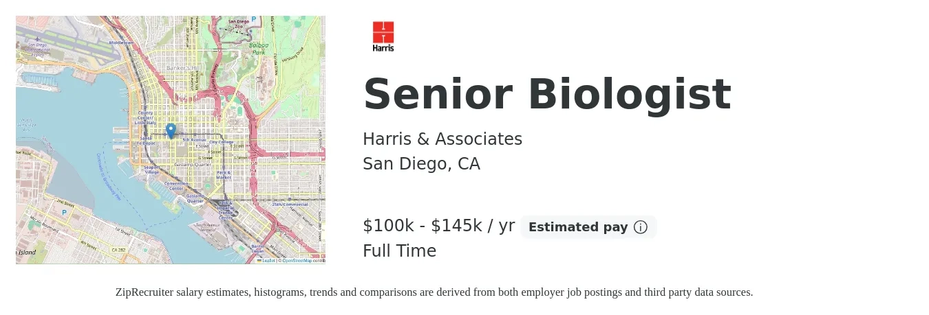 Harris & Associates job posting for a Senior Biologist in San Diego, CA with a salary of $100,000 to $145,000 Yearly with a map of San Diego location.