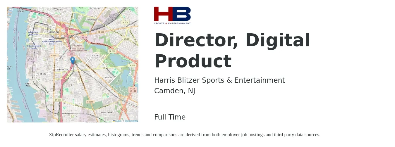 Harris Blitzer Sports & Entertainment job posting for a Director, Digital Product in Camden, NJ with a salary of $92,300 to $178,500 Yearly with a map of Camden location.