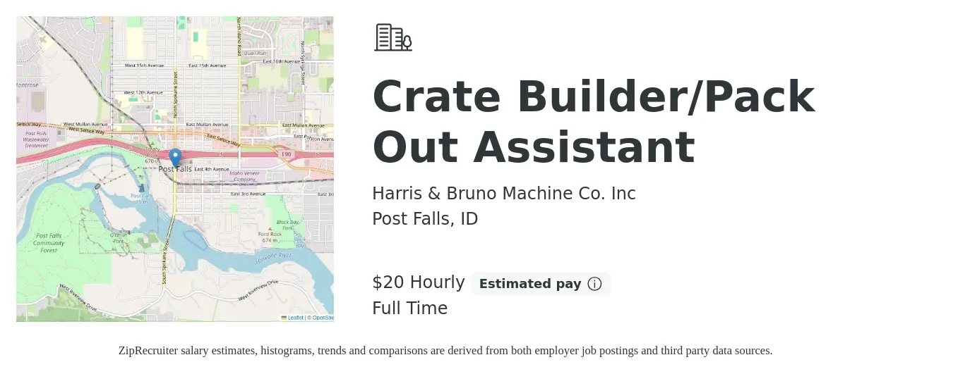 Harris & Bruno Machine Co. Inc job posting for a Crate Builder/Pack Out Assistant in Post Falls, ID with a salary of $21 Hourly with a map of Post Falls location.