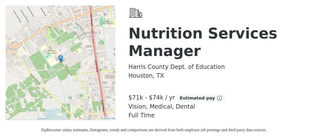 Harris County Dept. of Education job posting for a Nutrition Services Manager in Houston, TX with a salary of $71,088 to $74,900 Yearly and benefits including dental, life_insurance, medical, and vision with a map of Houston location.
