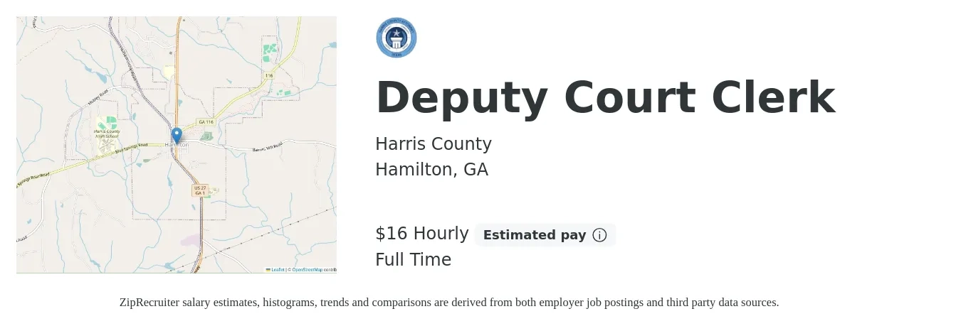 Harris County job posting for a Deputy Court Clerk in Hamilton, GA with a salary of $17 Hourly with a map of Hamilton location.