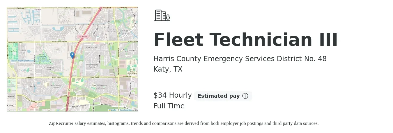 Harris County Emergency Services District No. 48 job posting for a Fleet Technician III in Katy, TX with a salary of $36 Hourly with a map of Katy location.