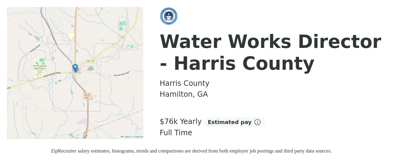 Harris County job posting for a Water Works Director - Harris County in Hamilton, GA with a salary of $76,126 Yearly with a map of Hamilton location.