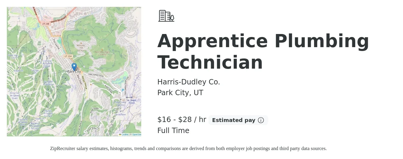 Harris-Dudley Co. job posting for a Apprentice Plumbing Technician in Park City, UT with a salary of $18 to $30 Hourly with a map of Park City location.