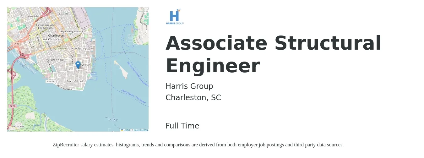 Harris Group job posting for a Associate Structural Engineer in Charleston, SC with a salary of $74,900 to $105,700 Yearly with a map of Charleston location.