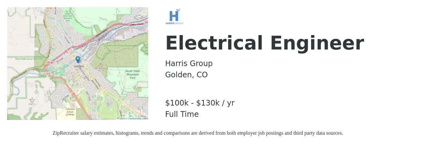 Harris Group job posting for a Electrical Engineer in Golden, CO with a salary of $100,000 to $130,000 Yearly with a map of Golden location.