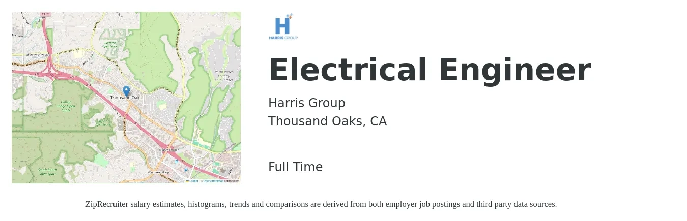 Harris Group job posting for a Electrical Engineer in Thousand Oaks, CA with a salary of $87,200 to $138,700 Yearly with a map of Thousand Oaks location.