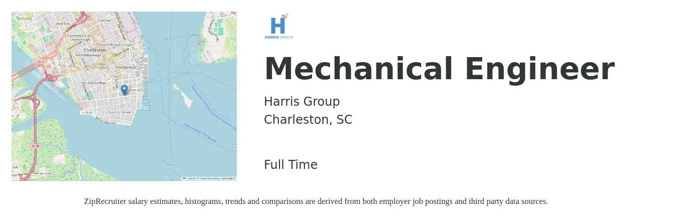 Harris Group job posting for a Mechanical Engineer in Charleston, SC with a salary of $76,300 to $118,400 Yearly with a map of Charleston location.