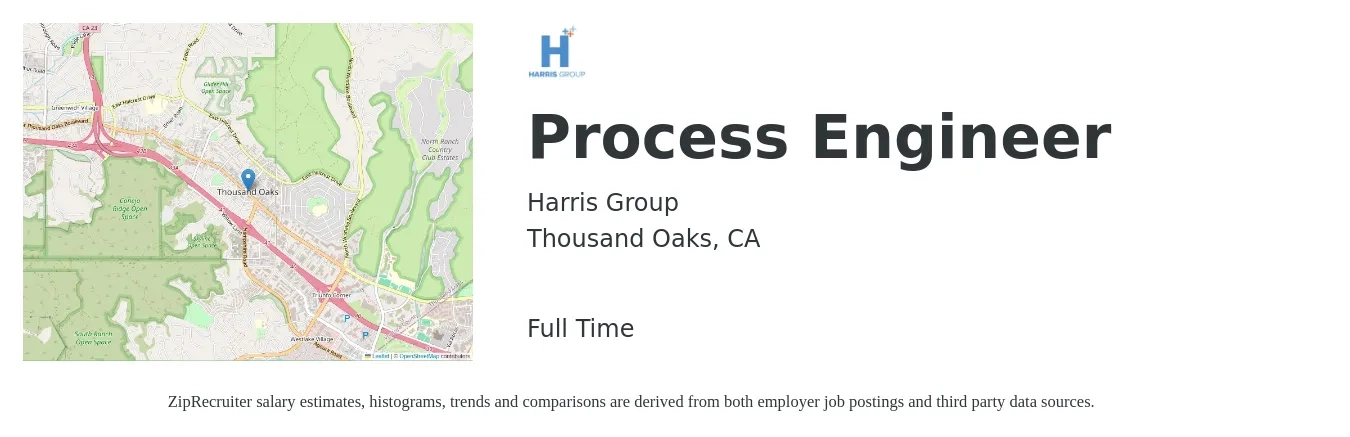 Harris Group job posting for a Process Engineer in Thousand Oaks, CA with a salary of $78,300 to $108,200 Yearly with a map of Thousand Oaks location.