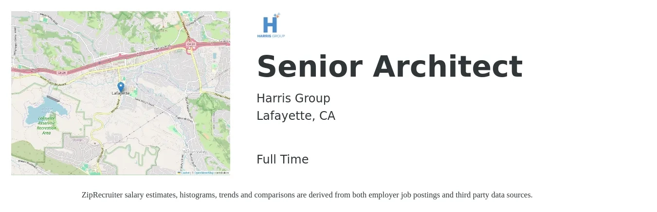 Harris Group job posting for a Senior Architect in Lafayette, CA with a salary of $115,000 to $163,600 Yearly with a map of Lafayette location.