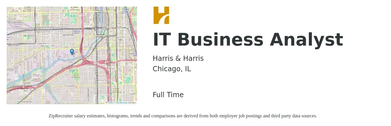 Harris & Harris job posting for a IT Business Analyst in Chicago, IL with a salary of $85,000 to $100,000 Yearly with a map of Chicago location.