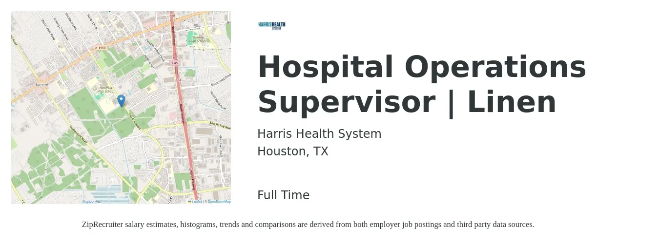 Harris Health System job posting for a Hospital Operations Supervisor | Linen in Houston, TX with a salary of $39,800 to $75,100 Yearly with a map of Houston location.