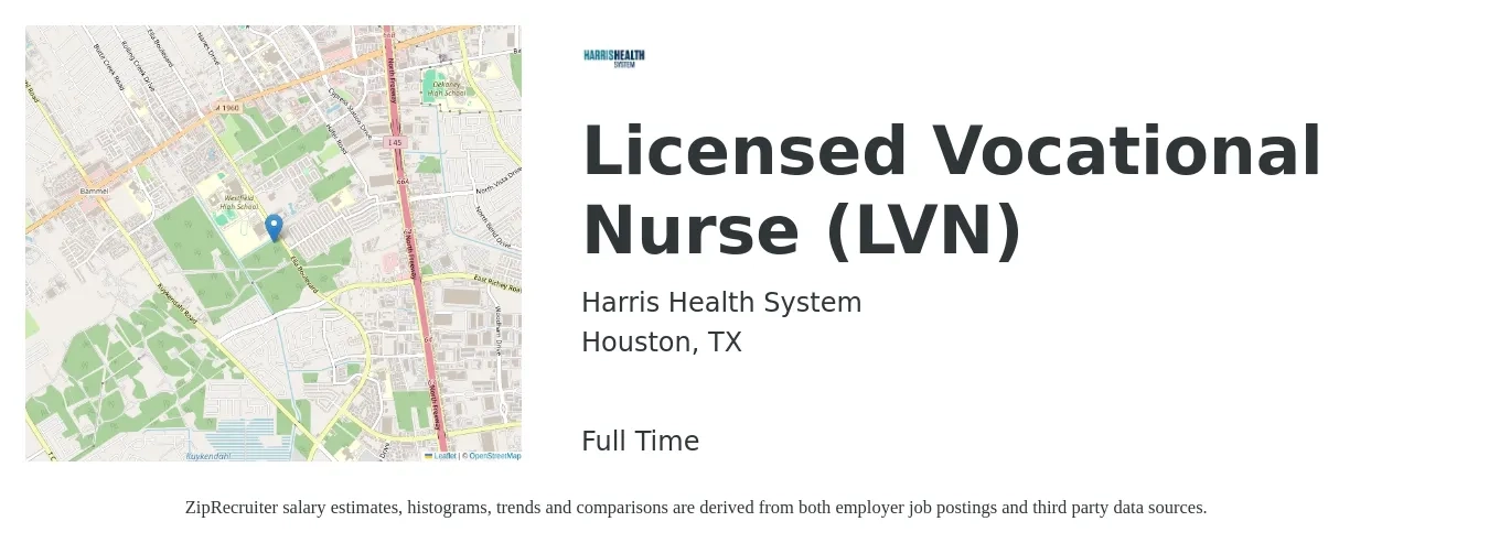 Harris Health System job posting for a Licensed Vocational Nurse (LVN) in Houston, TX with a salary of $26 to $35 Hourly with a map of Houston location.