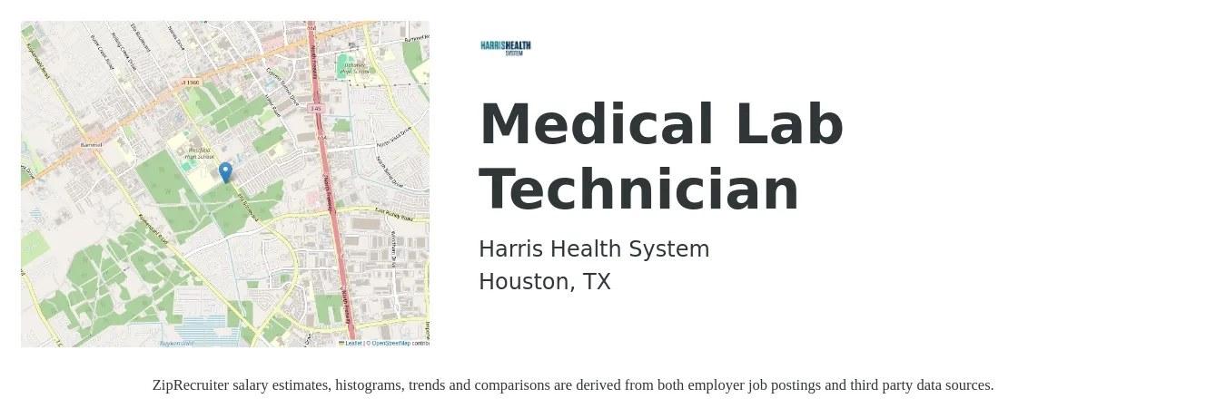 Harris Health System job posting for a Medical Lab Technician in Houston, TX with a salary of $1,110 to $2,270 Weekly with a map of Houston location.