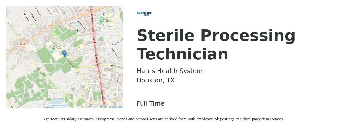 Harris Health System job posting for a Sterile Processing Technician in Houston, TX with a salary of $20 to $33 Hourly with a map of Houston location.