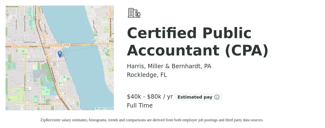Harris, Miller & Bernhardt, PA job posting for a Certified Public Accountant (CPA) in Rockledge, FL with a salary of $40,000 to $80,000 Yearly with a map of Rockledge location.