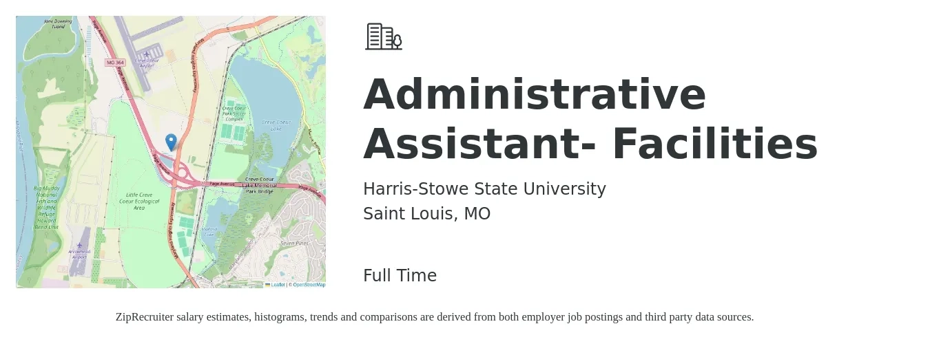 Harris-Stowe State University job posting for a Administrative Assistant- Facilities in Saint Louis, MO with a salary of $18 to $24 Hourly with a map of Saint Louis location.