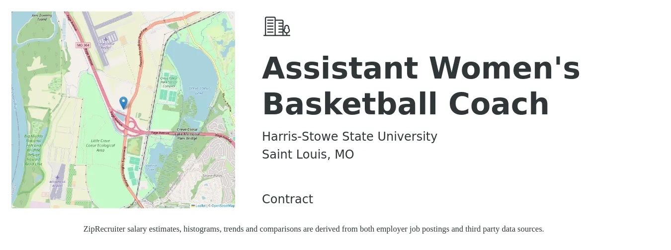 Harris-Stowe State University job posting for a Assistant Women's Basketball Coach in Saint Louis, MO with a salary of $27,100 to $50,800 Yearly with a map of Saint Louis location.
