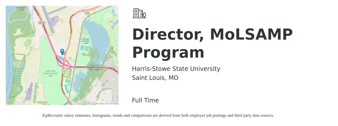 Harris-Stowe State University job posting for a Director, MoLSAMP Program in Saint Louis, MO with a salary of $51,300 to $89,500 Yearly with a map of Saint Louis location.