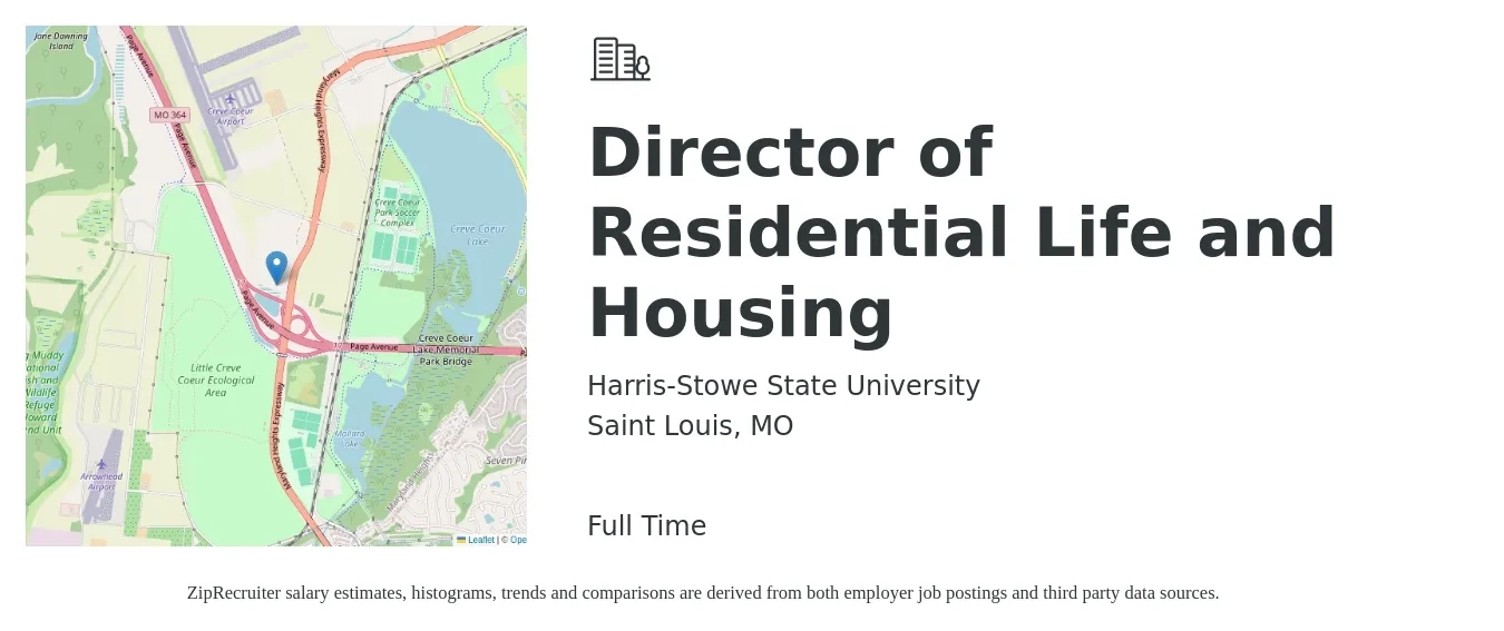Harris-Stowe State University job posting for a Director of Residential Life and Housing in Saint Louis, MO with a salary of $49,800 to $68,700 Yearly with a map of Saint Louis location.
