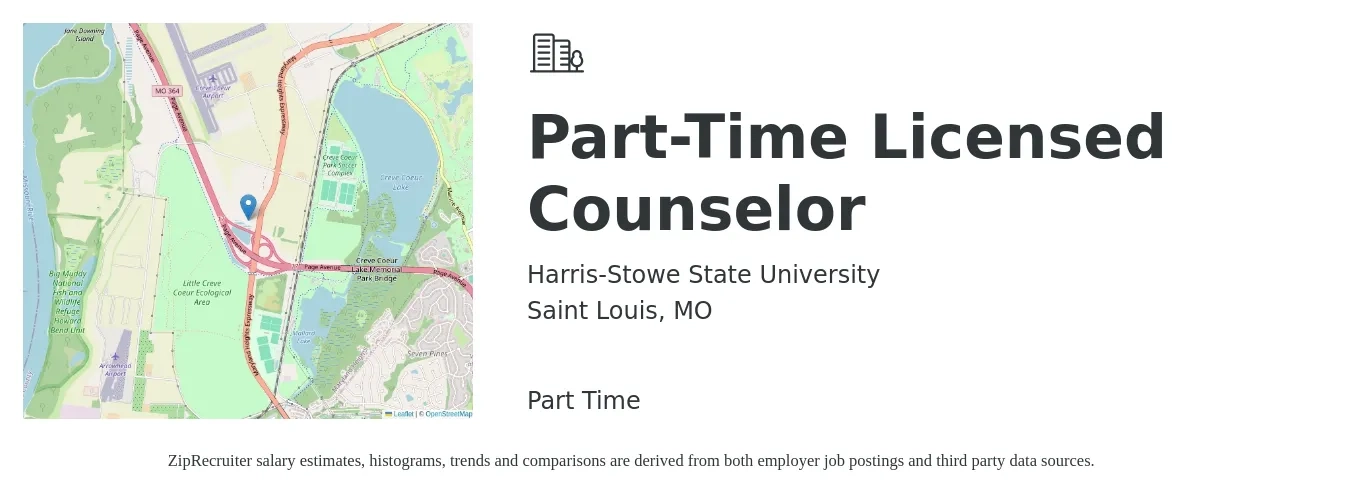 Harris-Stowe State University job posting for a Part-Time Licensed Counselor in Saint Louis, MO with a salary of $56,600 to $77,400 Yearly with a map of Saint Louis location.