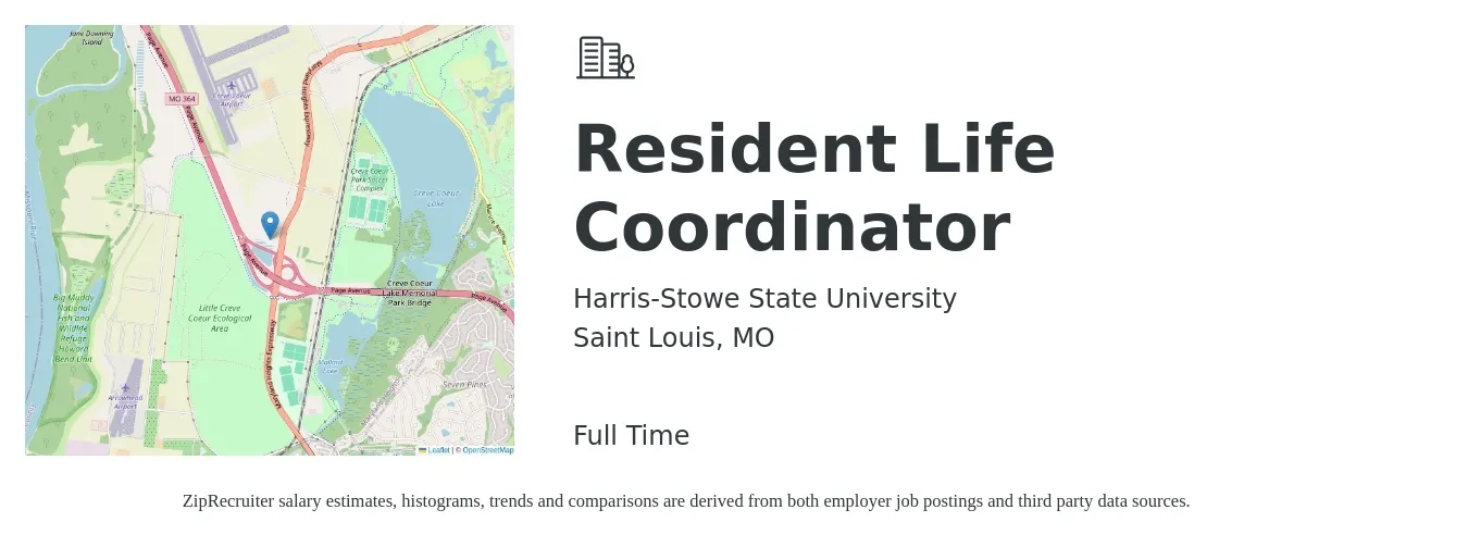 Harris-Stowe State University job posting for a Resident Life Coordinator in Saint Louis, MO with a salary of $19 to $25 Hourly with a map of Saint Louis location.