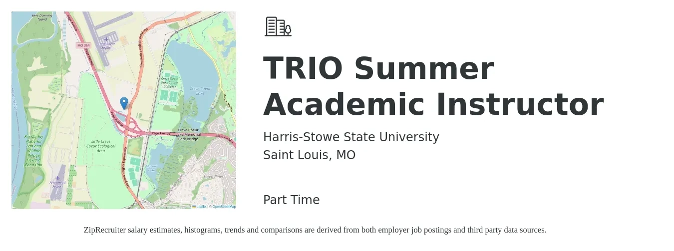 Harris-Stowe State University job posting for a TRIO Summer Academic Instructor in Saint Louis, MO with a map of Saint Louis location.