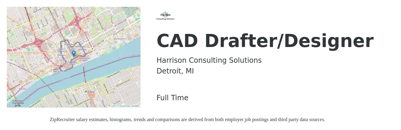 Harrison Consulting Solutions job posting for a CAD Drafter/Designer in Detroit, MI with a salary of $49,400 to $70,200 Yearly with a map of Detroit location.