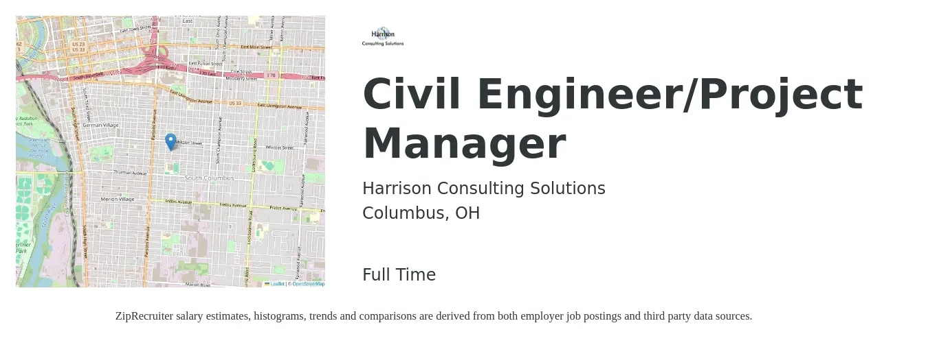 Harrison Consulting Solutions job posting for a Civil Engineer/Project Manager in Columbus, OH with a salary of $82,100 to $109,600 Yearly with a map of Columbus location.